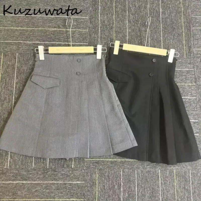 Kuzuwata Süße Hohe Taille Geraffte Alle-spiel Rock A-line Asymmetrische Zip Casual Frauen Falda Japan Neue Moda Slim Fit mujer Faldas