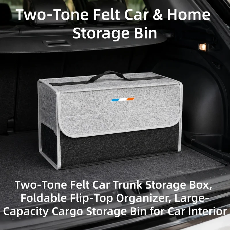 Caja de almacenamiento para coche de fieltro tricolor en azul, blanco y naranja, 50×17×24cm, plegable, con tapa, portátil.