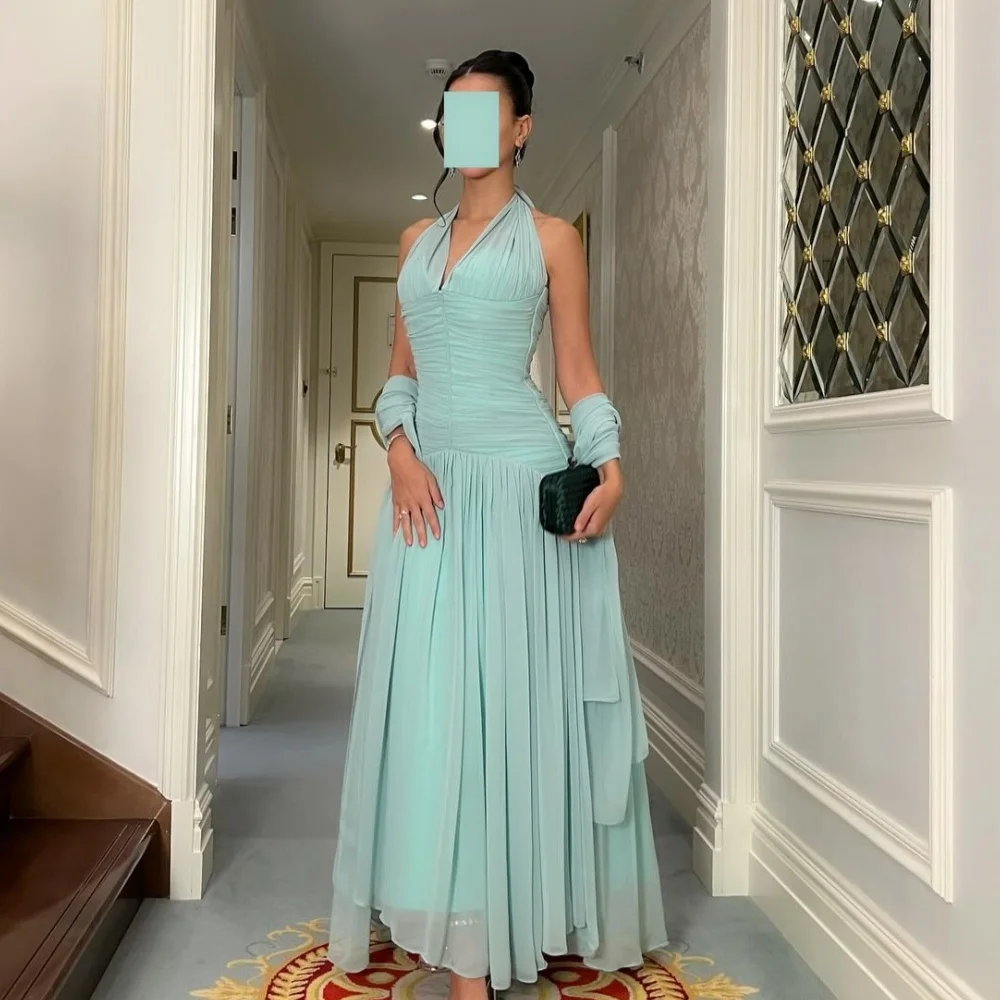 

Customized Modern Style Elegant Chiffon Ruched Ribbon A-line Halter Ankle Length Dresses Bespoke Occasion Dresses High Quality