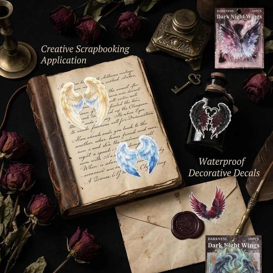 Fantasy Night‑Wing Sticker Pack of Dark‑Phantom Series, Assorted‑Color Wing Decals for DIY Journal Embellishment & Scrapbook