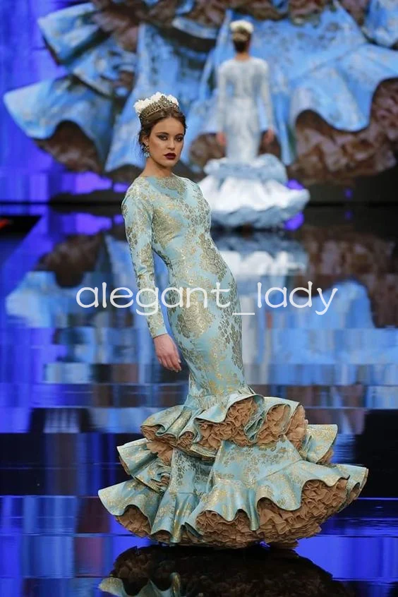 Flamenc Flor de las flores vestido de fiesta azul sirena, manga larga, Apliques de encaje, volantes, parte inferior, vestido de noche para ocasiones