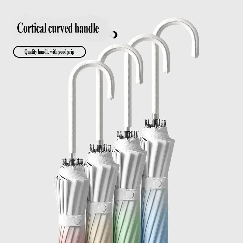 16 Ribs Automatic Gradient Black Glue Sun Protection Umbrella, Straight Rod Rain & Sun Umbrella, Custom Long Handle Umbrella
