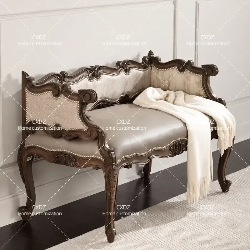 Retro Carved Solid Wood Sofa Chair Fabric Leather Casual Double Seat Shoe Change Stool Bedside Bench