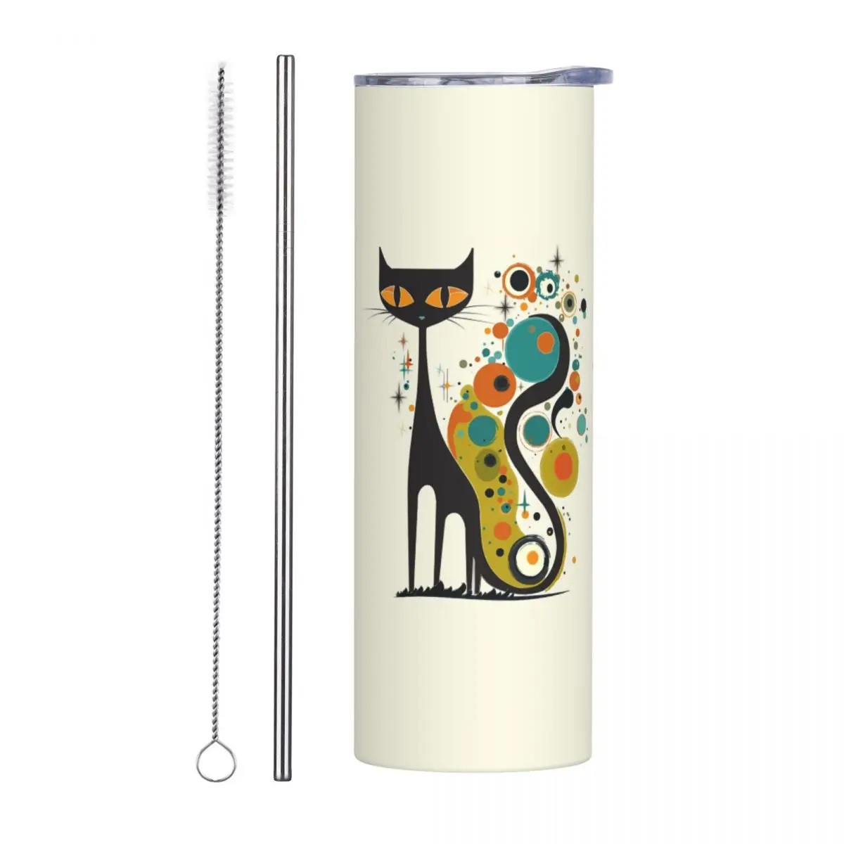 Mid Century Modern Atomic Cat Stainless Steel Tumbler Vacuum Insulated Mugs Thermal Cold Cup Straw With Lid 20oz