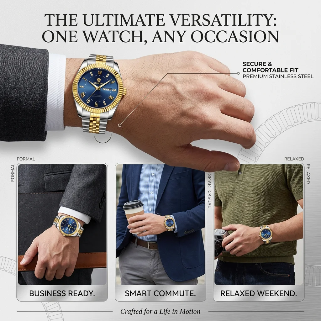 1pcs Fashion Watch Two Tone Stainless Steel Strap Blue Dial Roman Numerals Week Date Display Casual Business Style Exqui