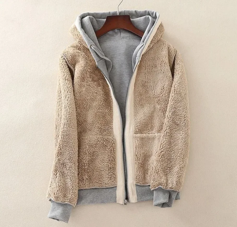 Plush Lining Sweatshirt Keep Warm Fleeced Lined Women Sweatshirt Drawstring Ribbed Cuff Zipper hoodie Jacket Autumn Warm Coat