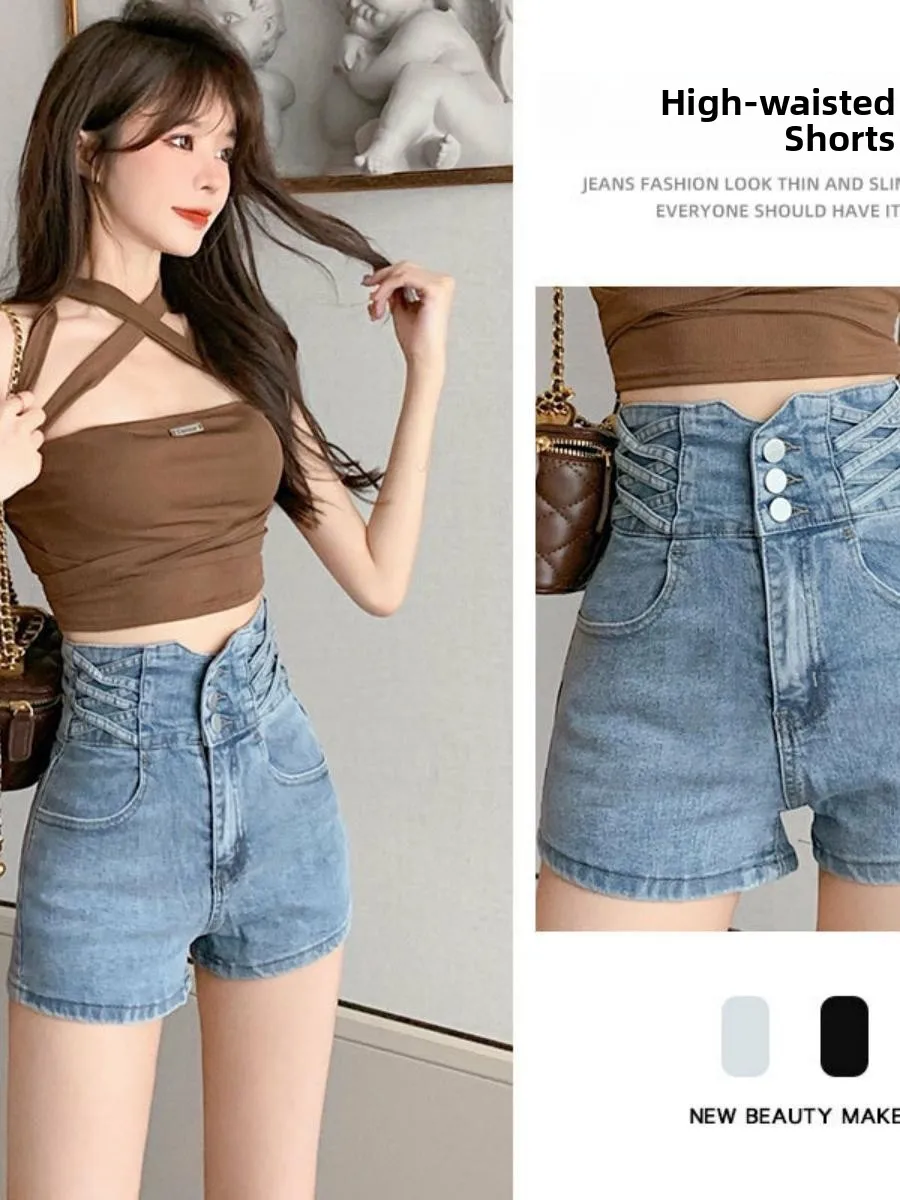 

Elastic Slim Fit High Waist Crossed Wide Leg A-Line Denim Shorts Women's Summer High Waist Crossed Straight Leg Hot Pants