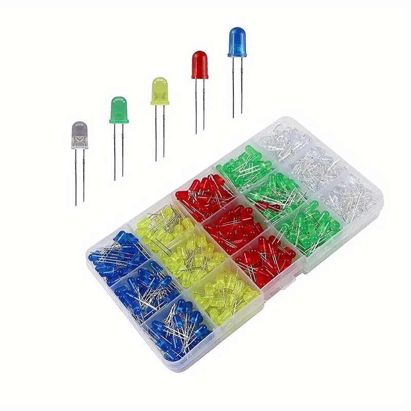 500Pcs Box 5mm LED Diode Yellow Red Blue Green White Assortment Light DIY Kit Light Emitting Diode Set