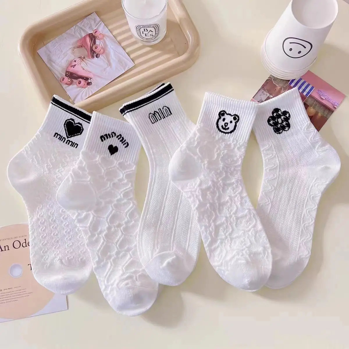 

5 Pairs Lolita Cool Woman Cute White Short Socks Set Cartoon Female Girl Lady Lovely Cotton Sport Socks For Women Dropshipping