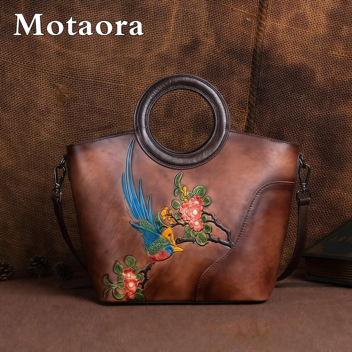 

MOTAORA Vintage Embossed Leather Handbag for Women, Real Cowhide Large Capacity Floral Shoulder Bag, Retro Women's Purse