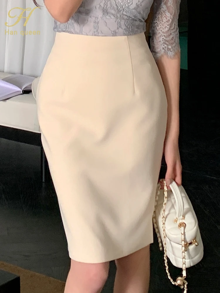 Tempérament féminin Chic élégant Sexy jupes fendues 2025 printemps/été nouveau abricot taille haute mince gaine jupe crayon