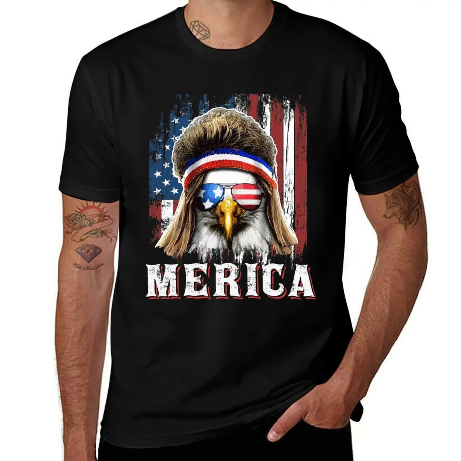 Patriotic Merica Eagle Mullet 4th of July T-Shirt Functional Casual Short Sleeve Tee