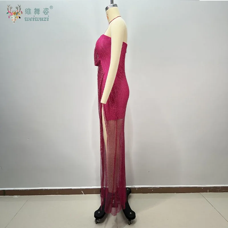 2025 Rosa nuevo rojo Sexy escote en V profundo corte bajo ajustado cadera envuelta con hendidura alta calidad tul banquete lujoso vestido de noche