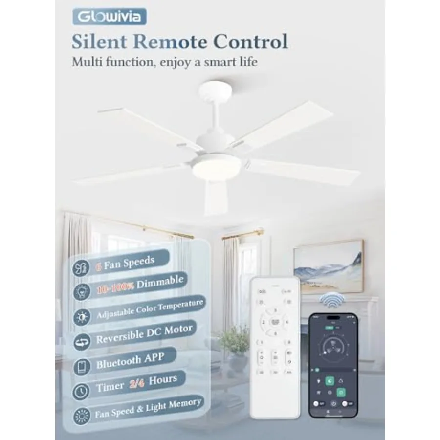 Ceiling Fans with Lights and RemoteandAPP Control, Smart Ceiling Fan with 3000-6000K Dimmable, 0 Speeds Quiet Reversible Motor,
