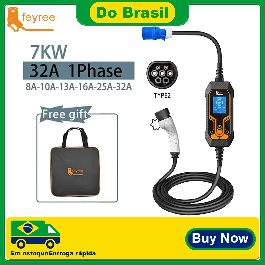 feyree 32A 7KW Type2 EV Portable Charger 11KW 16A 3 Phase EVSE Charging Box Car Charger CEE Plug for Electric Vehicle do brasil