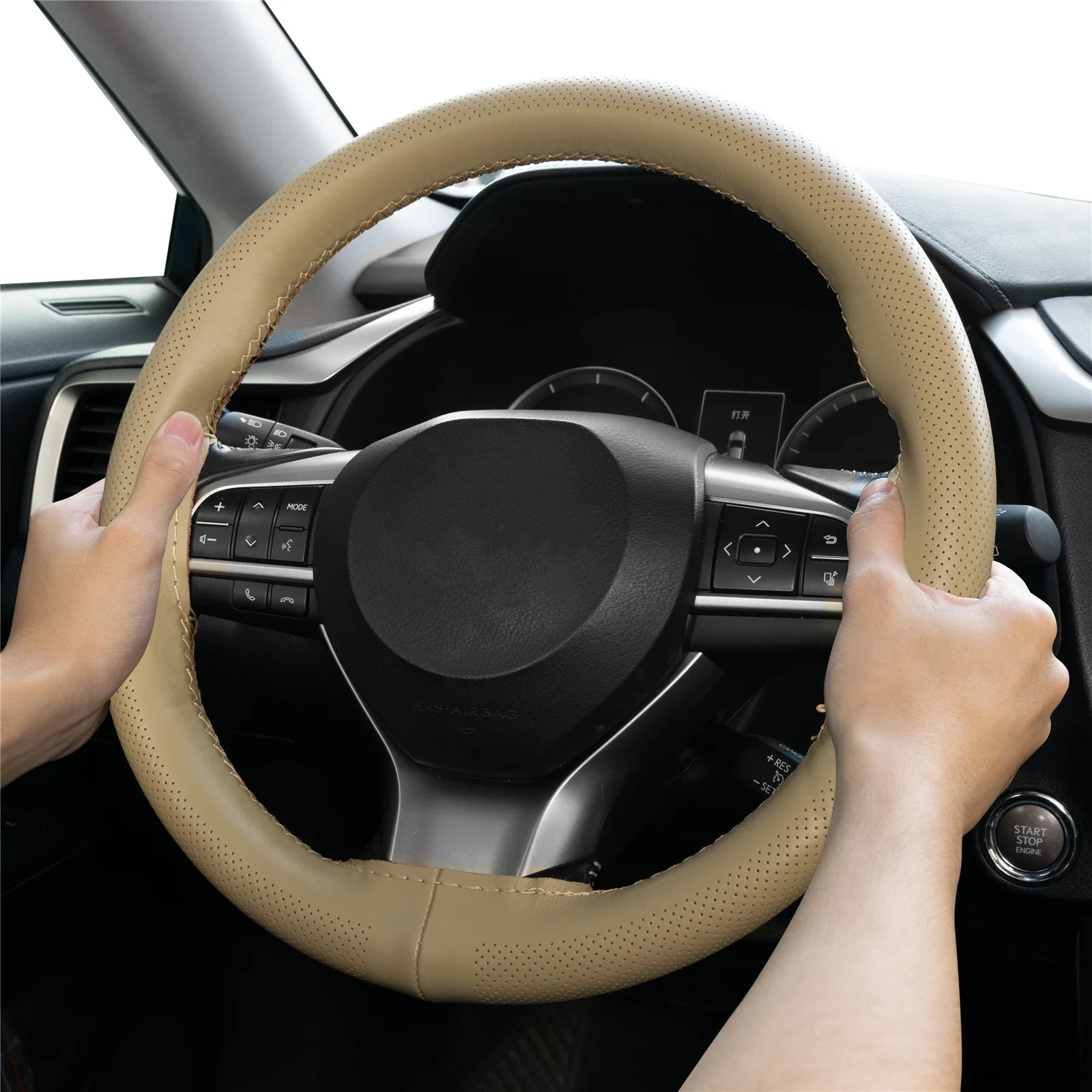 Beige/Grey Genuine Leather DIY Car Steering Wheel Cover 15Inch(38cm) Cowhide Breathable Anti-slip Vehicle Interior Decoration