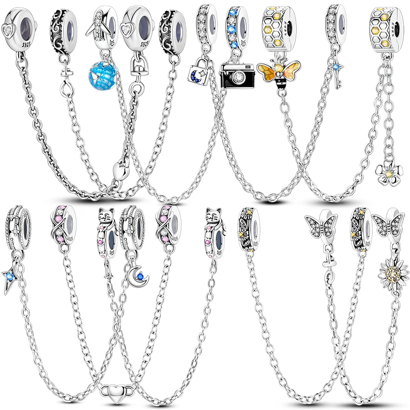 925 Sterling Silver Safety Chain Aircraft Earth Camera Daisy Silicone Charms Beads Fit Original Bracelets DIY Jewelry For Women
