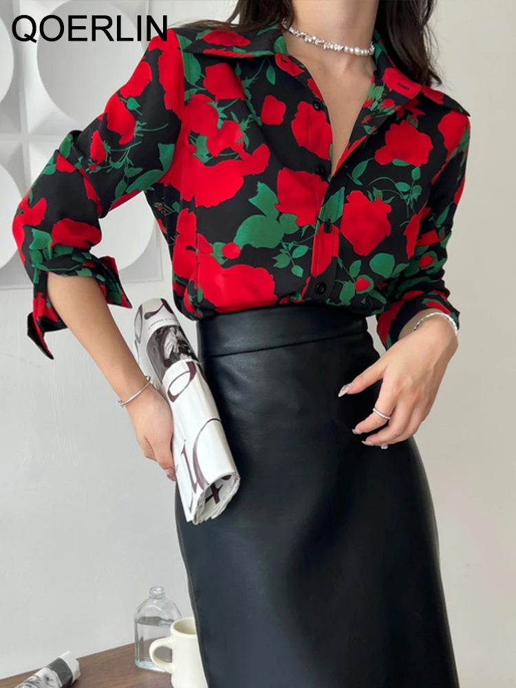 QOERLIN Black Printed Blouse Women Turn-Down Collar Single-Breasted Rose Floral Shirts Long Sleeve Fashion Tops Ladies Workwear