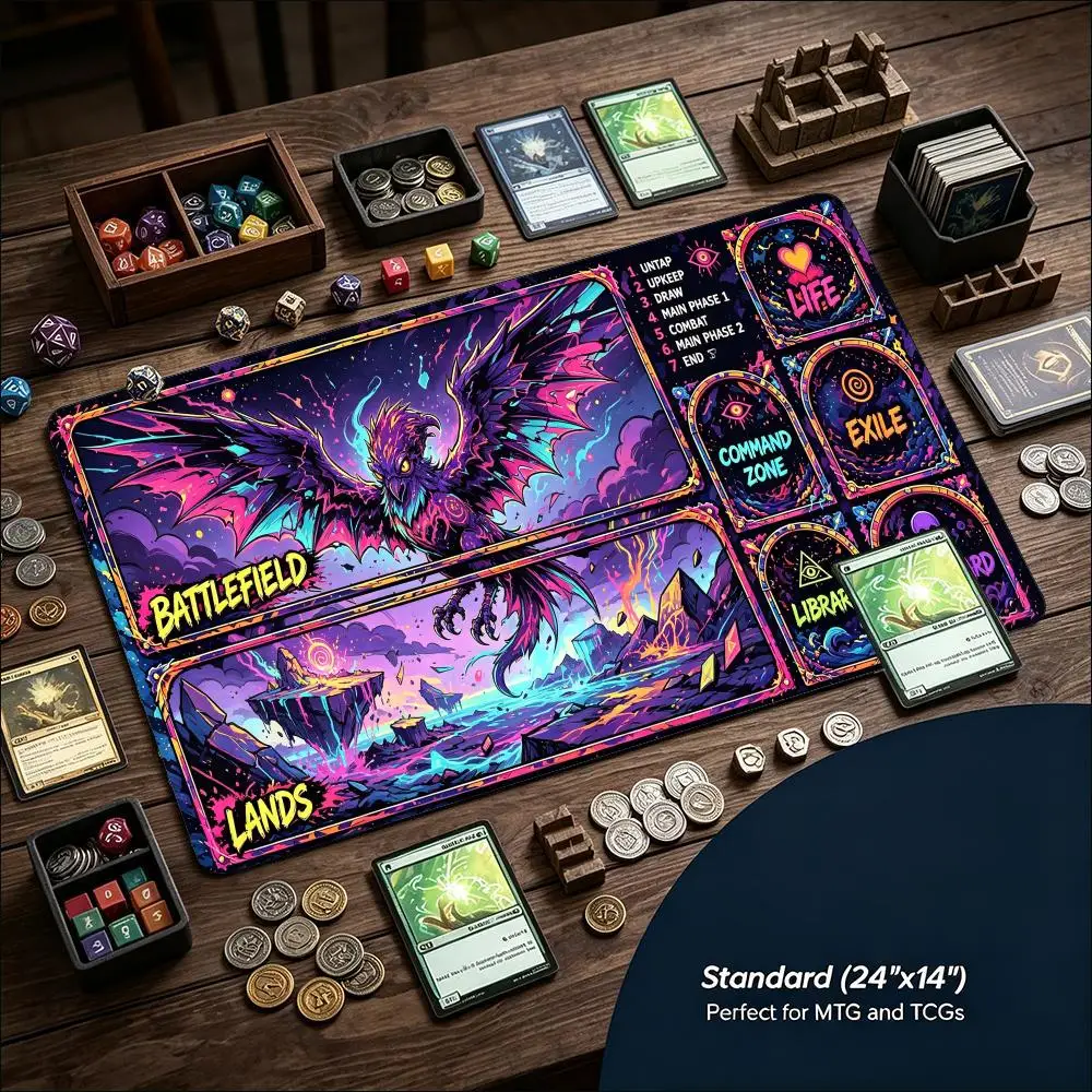 Neon Rainbow Phoenix Large Game Mat Non‑Slip Rubber Playmat Psychedelic Fiery Bird for Trading Card Tabletop Hobby Sessions