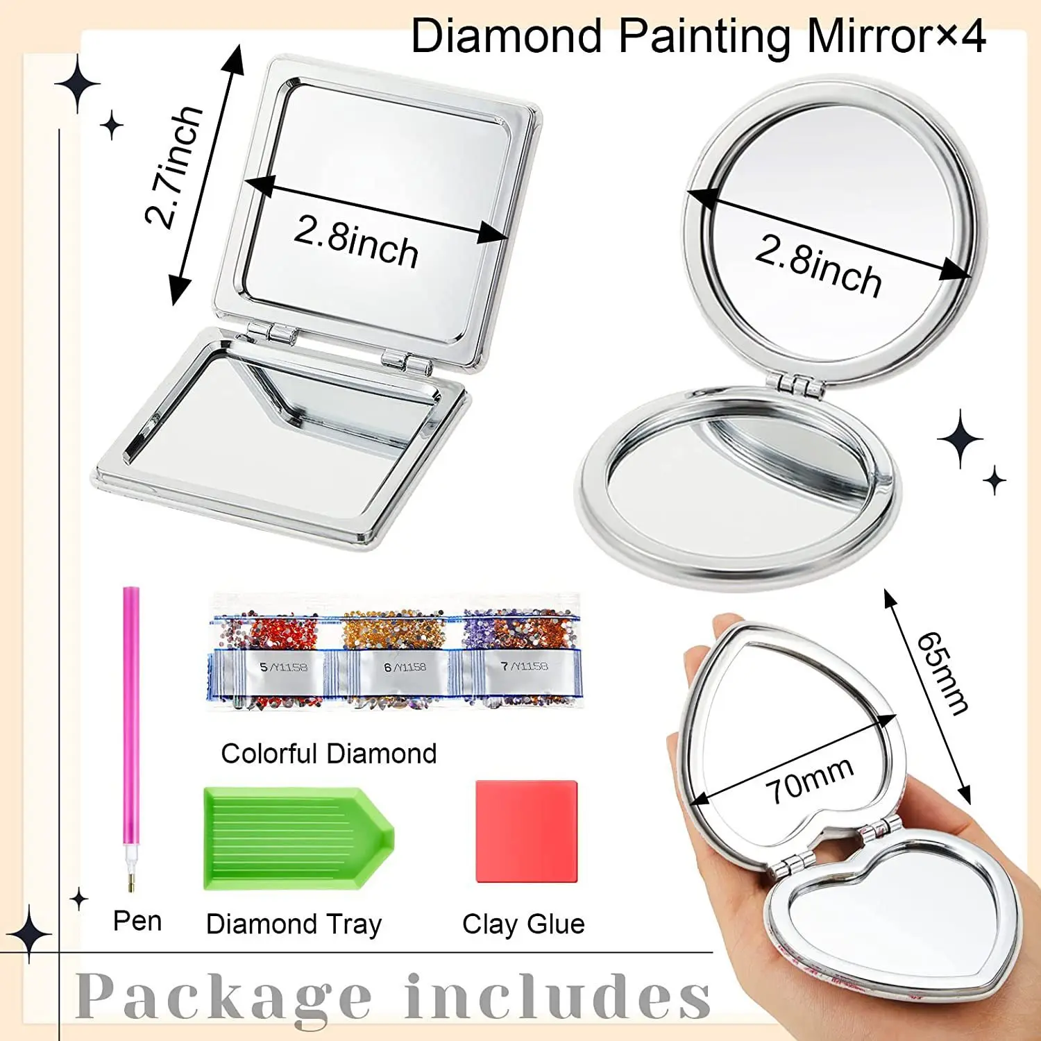 Kit Espelho Dobrável Portátil de Dupla Face para Adultos, Pintura Compacta Espelho de Bolso, Mandala Diamond Art, DIY, 1Pc por Conjunto