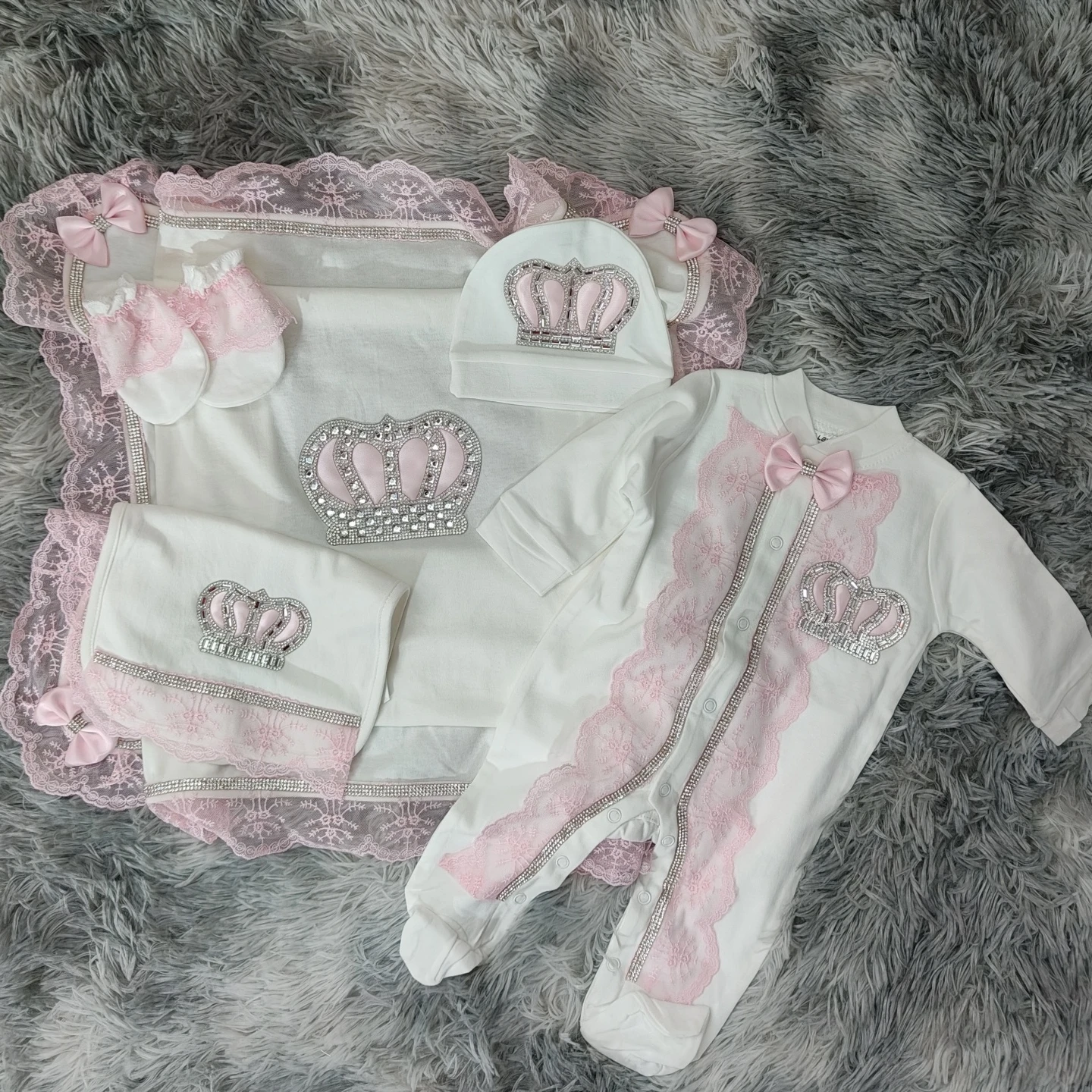

Dollbling Take me Home Nursery Baby Luxury Hospital Exit Clothing Newborn Pink Lace 5pcs Receiving Blanket Butterfly Romper Set