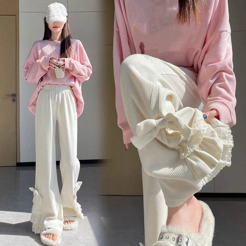 

Y2k Young Women Corduroy Micro Flared Pants High Waist Baggy Lace Bow Flared Pants Sweet Casual Winter Thick Warm Pants Girls