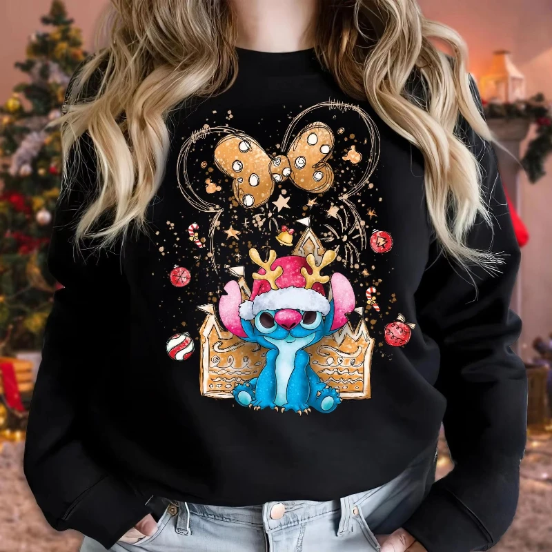 ديزني 2026 جديد ميكي ماوس القلعة المرقعة عيد الميلاد طباعة الخريف/الشتاء الاتجاه المرأة مريحة طويلة الأكمام طاقم الرقبة