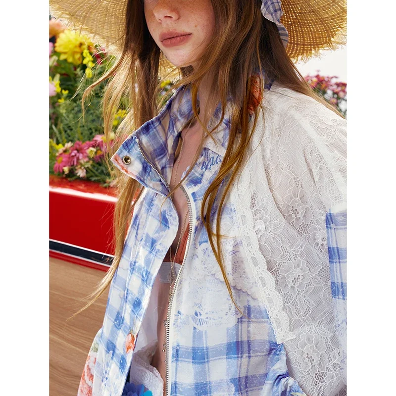 ELFSACK Strawberry Plaid Lace Patchwork Jacket Stand Collar Oversized Coat Sweet Casual Street Wear for Women
