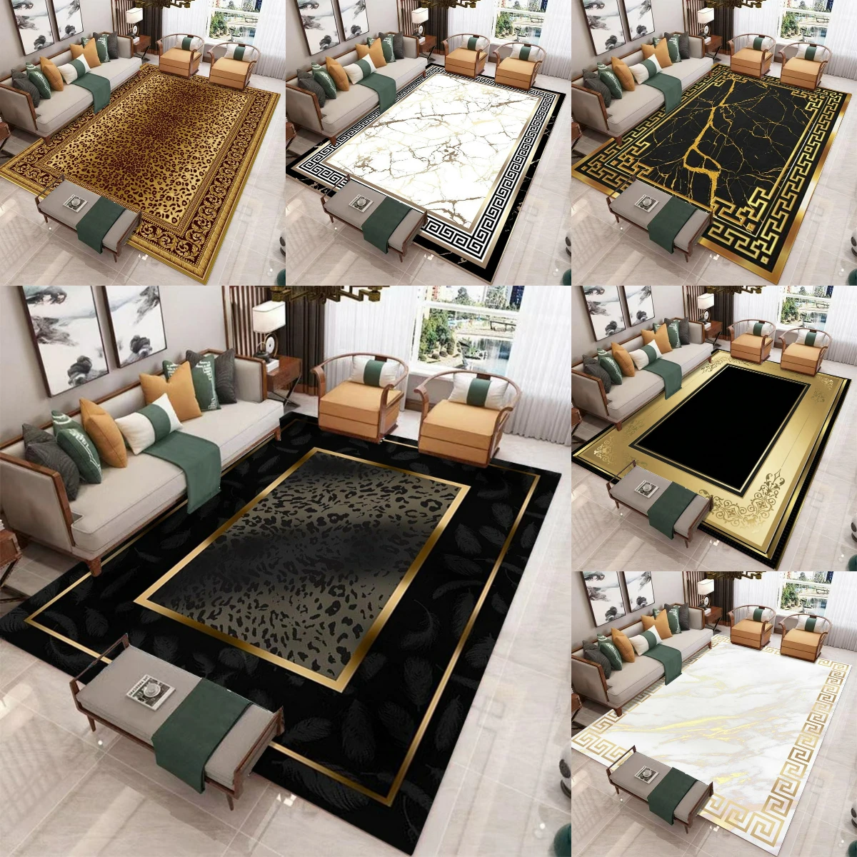 Black Golden Luxury Carpet for Large Living Room Non Slip Floor Mat Bedroom Decor Modern Home Accent Rug Coffee Table Area