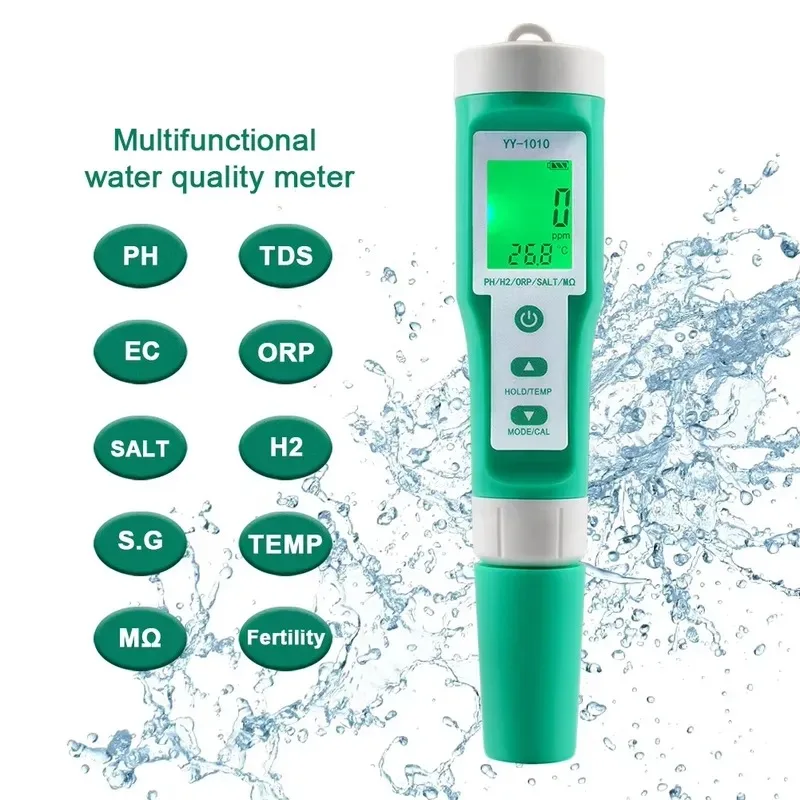 10 in 1 Water Quality Tester pH ORP EC TDS Salinity Temperature Resistivity SG H2 Digital Meter for Pool Aquarium Hydroponics