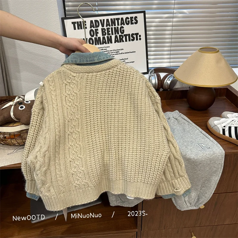 Boys Woolen Sweater Crochet Cotton Windbreak 2024 Khaki Plus Thicken Autumn Winter Cardigan Warm Children\'s Clothing