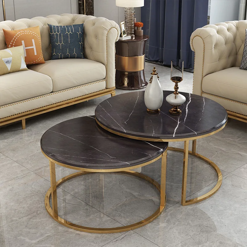 Living Room Furniture Black White Gold Metal Nordic Luxury Round Design Modern Marble Top Tea Table Set Coffee Table