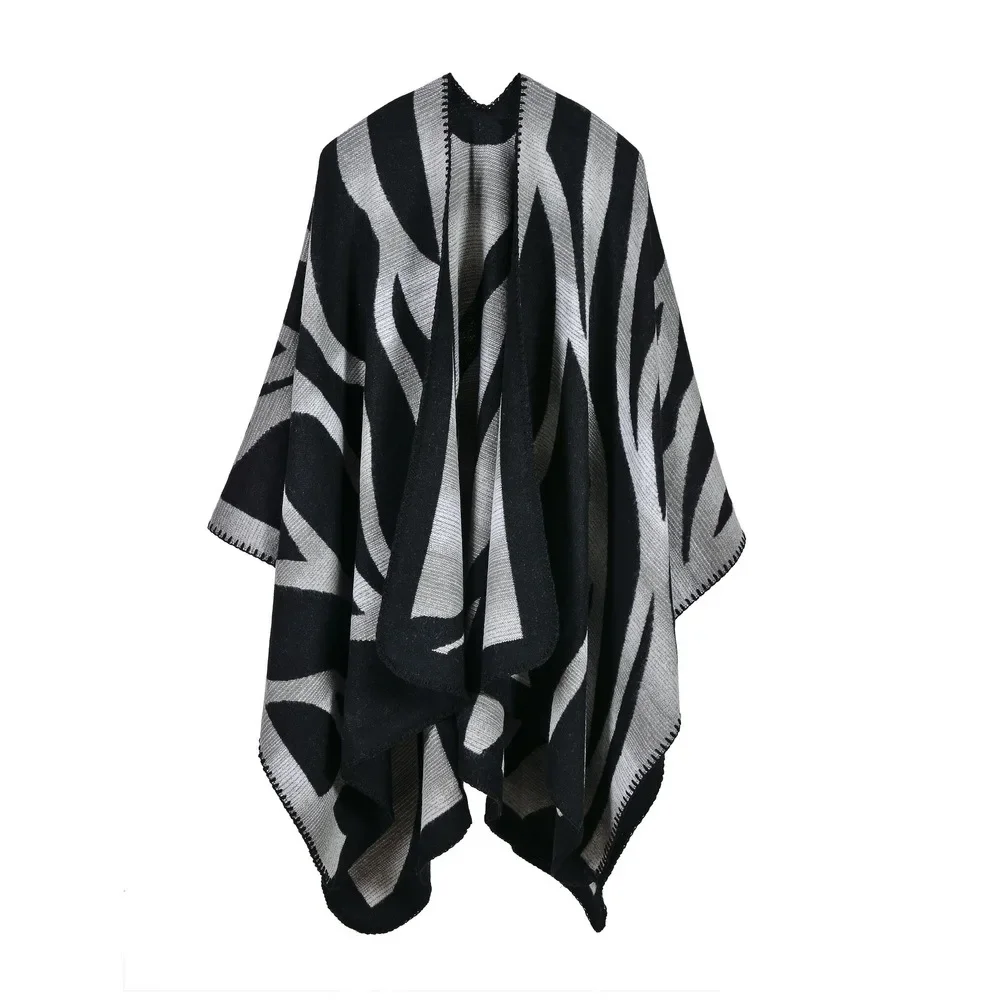 

Autumn Winter Women's Camouflage Gradient Imitation Cashmere Split Fork Lengthened Thickened Shawl Ponchos Capes Black