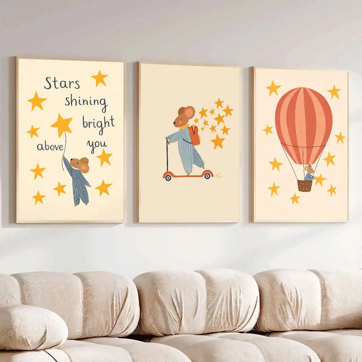 3PCS frameless decorative art print,3PCS Children's room cartoon-printed poster  Cute mouse wall art  Home wall decoration  Canv