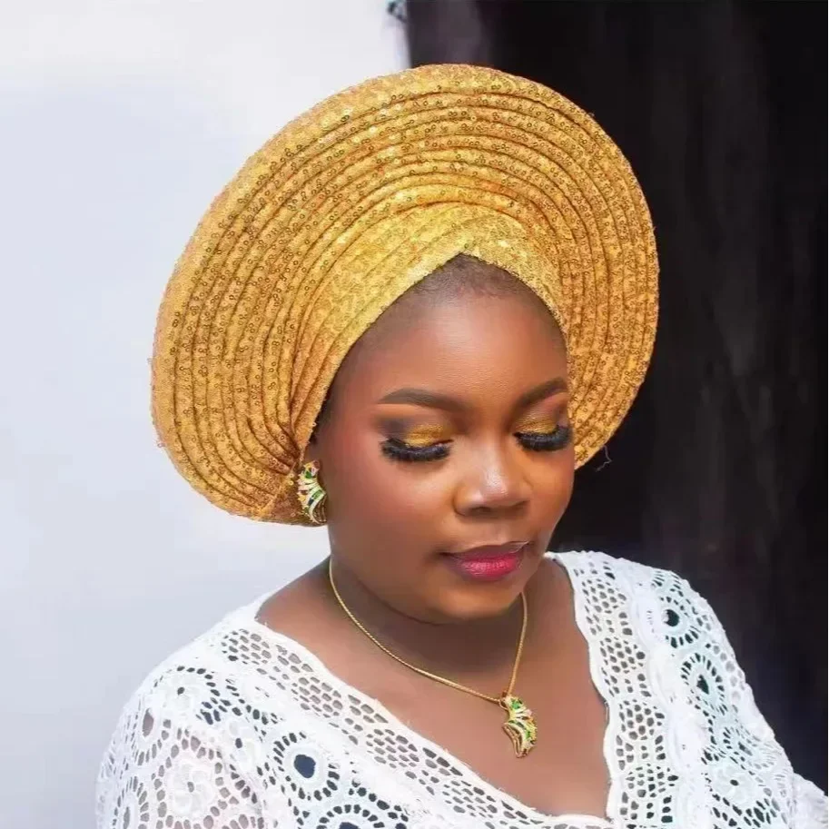 Nigeria Turban Cap Kopf bedeckung Pailletten Autogele Headtie für Frauen afrikanischen Kopf Wraps Hochzeits feier bereits gemacht Geles