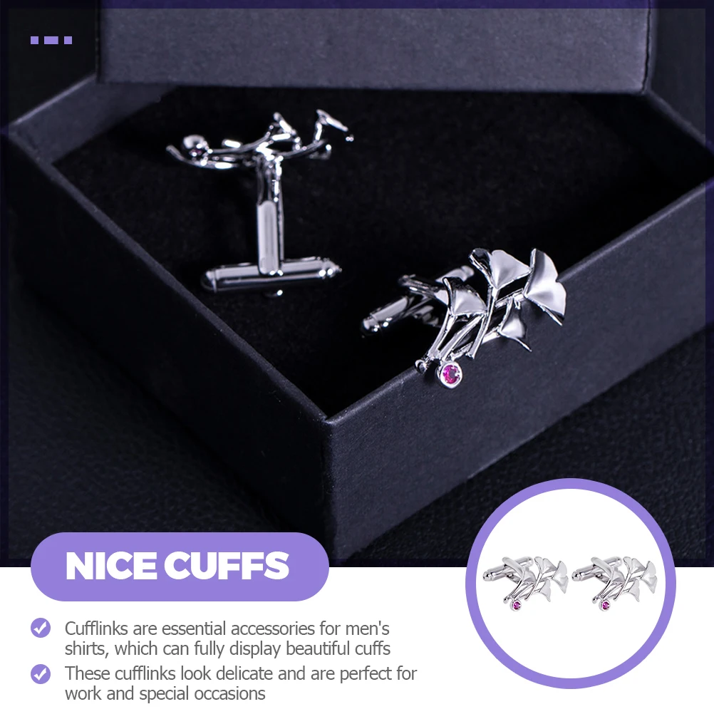 

2 Pcs Ginkgo Leaf Cufflinks for Coats Decorate Men's Zircon Shirts Metal Costume Accessories Man