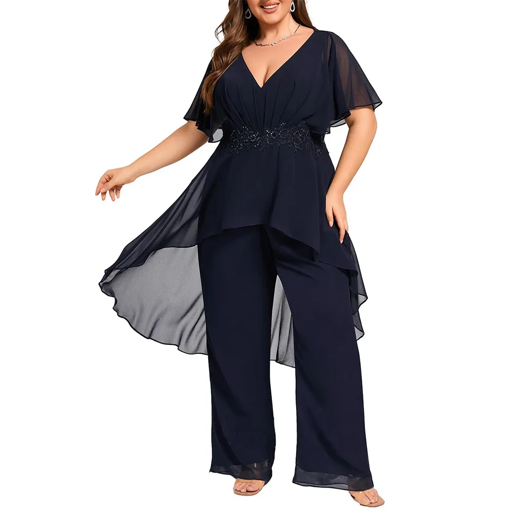 

Customized Elegant Plus Size Pantsuit Chiffon V Neck Mother of The Bride Pant Suits for Wedding Guest Formal Dresses Outfit Set