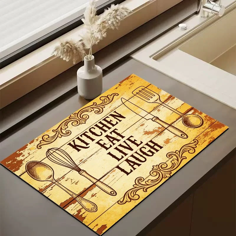 VIKAMA European Border Farmhouse Kitchen Mat Vintage Non Slip Waterproof Dish Drying Counter Decor Floor Mat Pad
