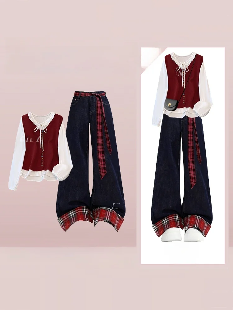 Academic Sle Set Faion invernale da donna Gilet rosso irt Jeans Abito a due pezzi Aosphere Sensation Abbigliamento Vita alta P...