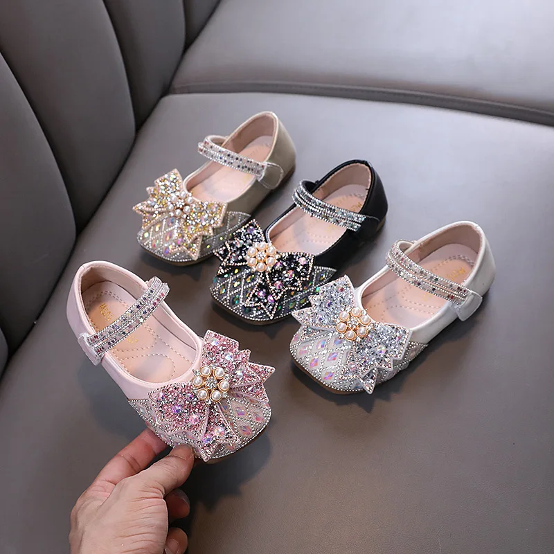 Spring Autumn Girl Princess Shoes Rhinestone Bowtie Kids Leather Shoe Fashion Causal Sequins Children Causal Wedding Flat Shoes