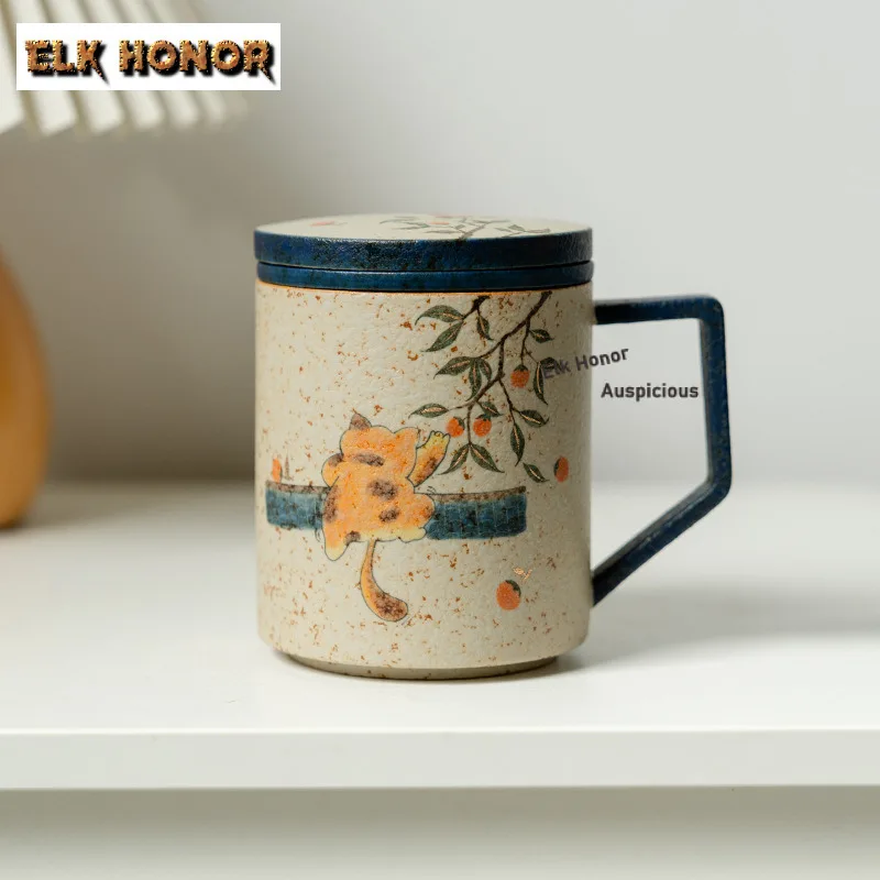 500ml Pure Hand-painted Orange Cat Firestone Red Filter Tea Separator Cup Tea Mug With Infuser Tea Brewing Office Water Cup Gift