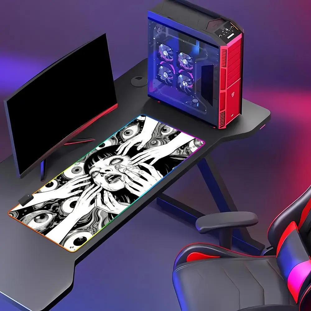HYBXAXC Anime Horror Mouse Pad - Junji Ito Style Animation Games RGB Pad HD Gamer Large LED Light PC Computer pad Non-slip Decor