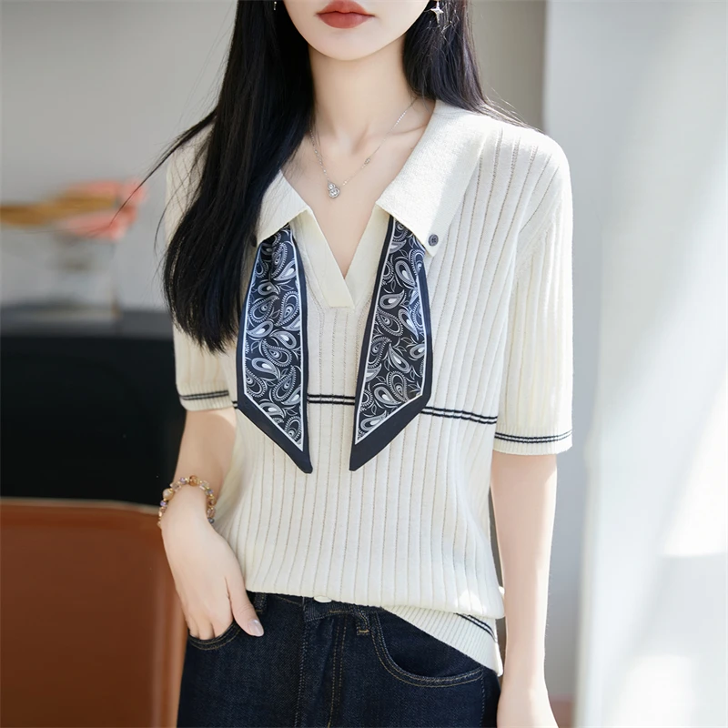 Women's POLO collar T-shirt summer new wool knitted short sleeved casual stripe… - Image 5