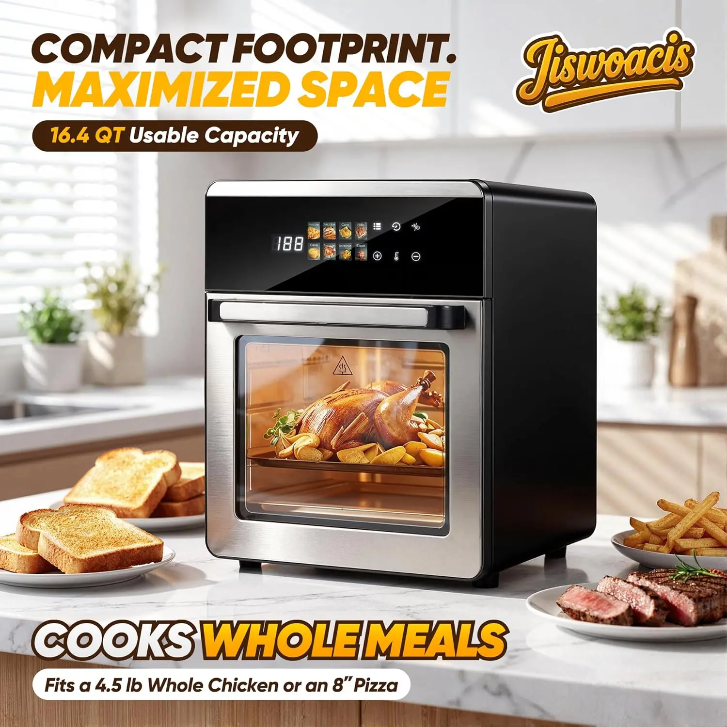 100% 304 Stainless Steel Air Fryer Oven, 5L 16.4Qt 11-in-1 Commercial Smart Portable Oil-Free Digital Convection Cooking Machine