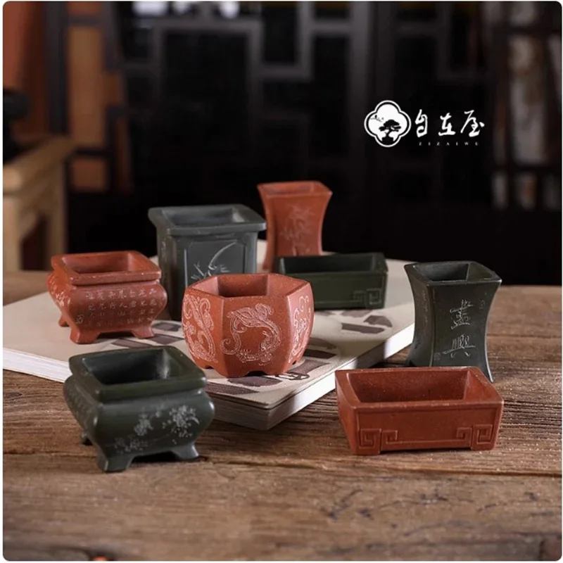 Purple Sand Ceramic Flower Bonsai Pot,Small Floweer Moss Plant Vase,Micro Chinese pot,Home Desk Table Garden Decoration