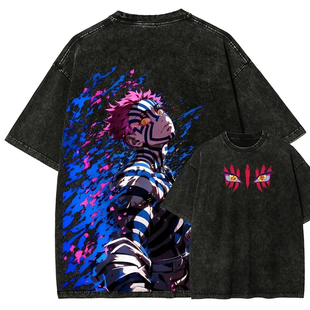 

Demon Slayer Men's and Women's Washed T-Shirt Akaza Summer and Spring Anime Tee Retro Distressed Harajuku Short Sleeve
