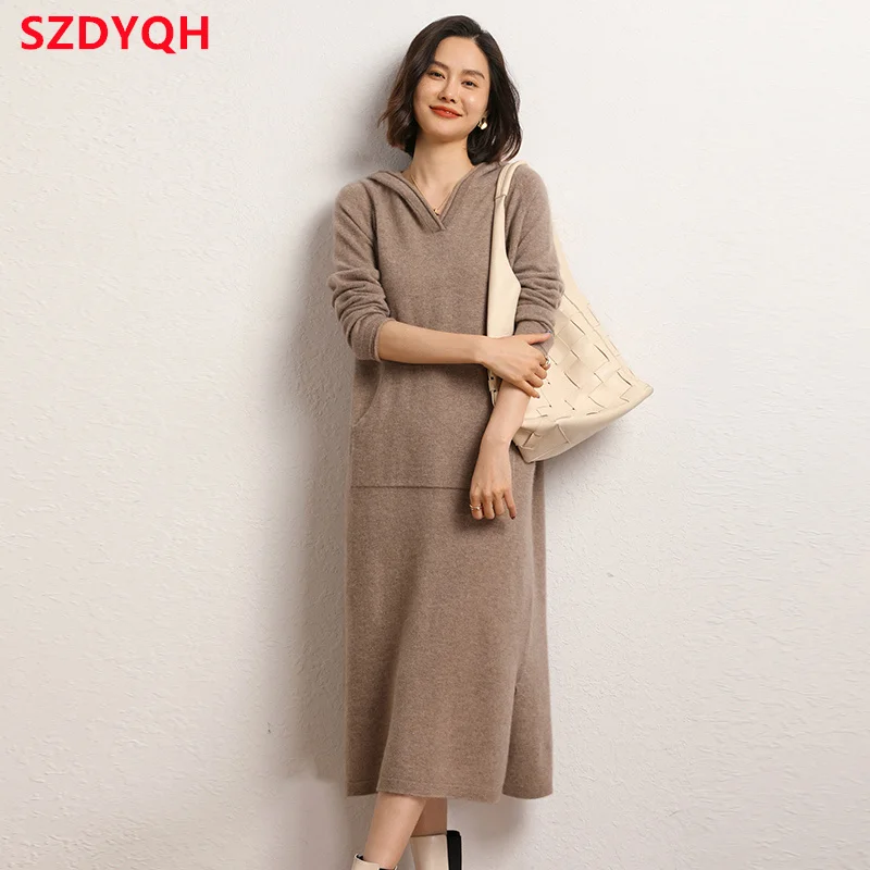 High-end New 100% Pure Cashmere Sweater Long Dress Women Long Sleeve Knitted Dresses Female Solid Color Fashion Hooded Pullover