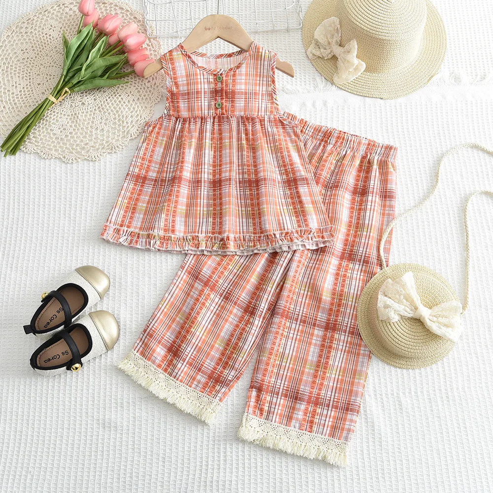 Orange Checkered Casual Suit Round Neck Sleeveless Vest+tassel Pants Two-piece Set Summer Promotion
