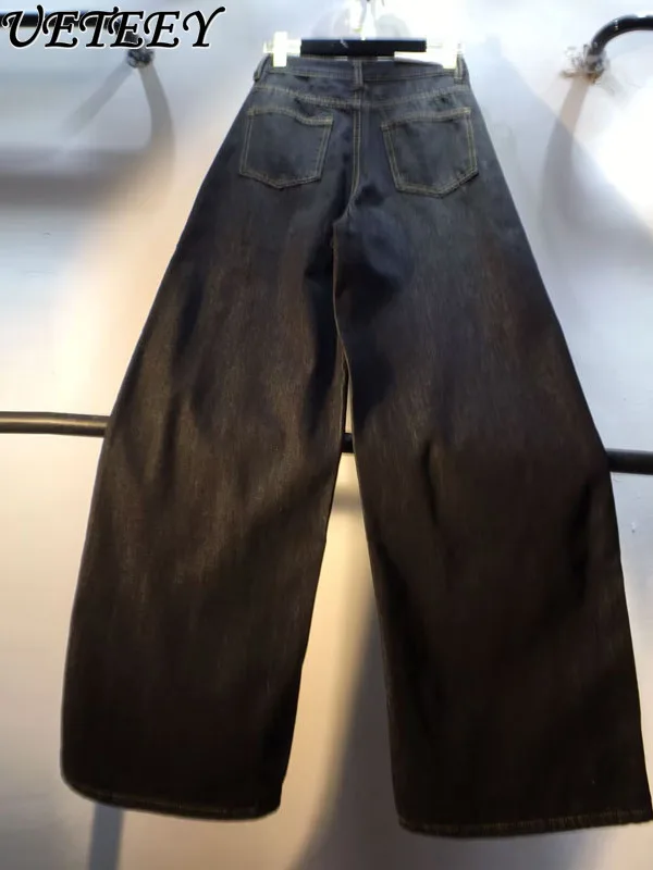 Europejskie Jeansy Damskie na Jesień 2025, Nowe, Wyszczuplające, z Wysokim Stanem, Blokowe Kolory, Panterka, Proste Nogawki, Długie Spodnie