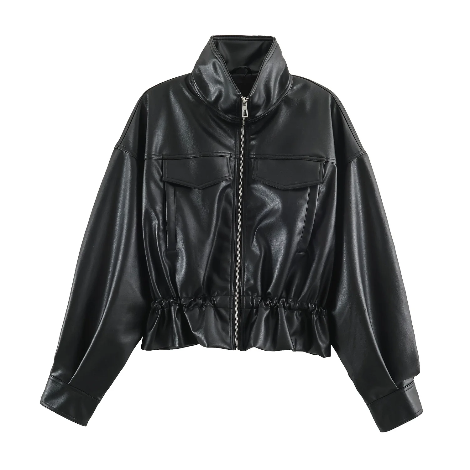 BSAY Streetwear Women Faux Leather Look Jacket Stand Collar Adjustable Gathered Waist Multi Pocket Oversized Cropped Outer Coat